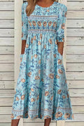 Freya | Elegancka Sukienka w Kwiaty z Rękawem 3/4