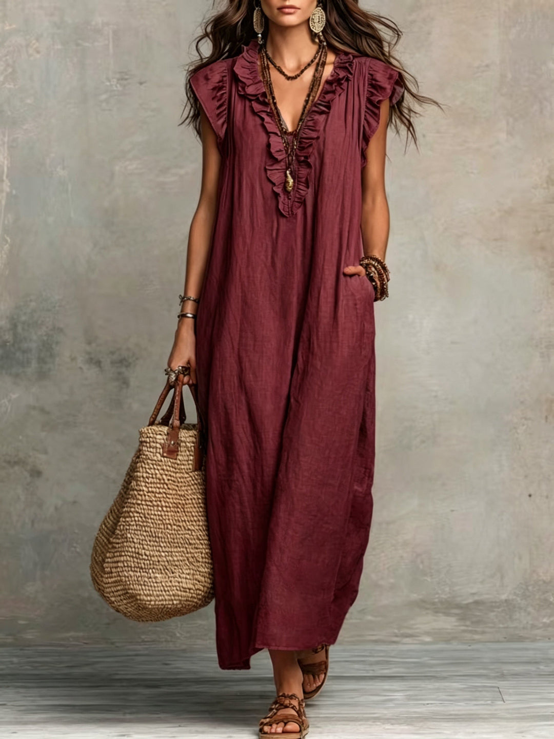 Marisol | Boho Maxi Sukienka z Falbanami
