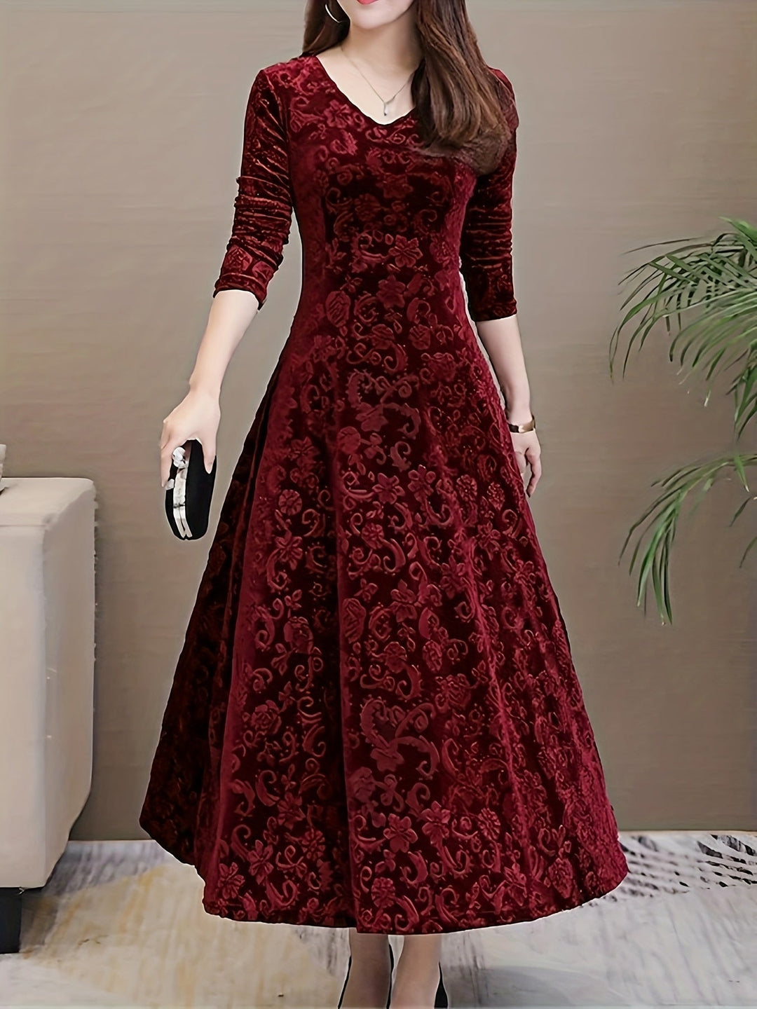Adeline | Elegancka Midi Sukienka z Długim Rękawem