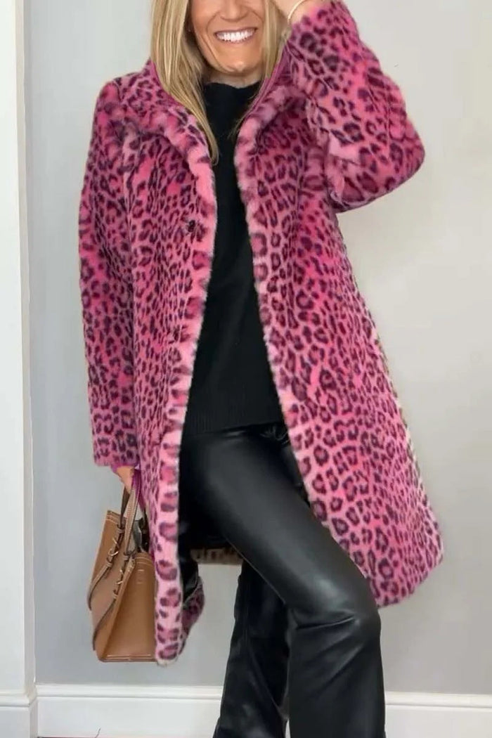 Damski Płaszcz Teddy z Wzorem Leoparda w Kolorze Różowym
