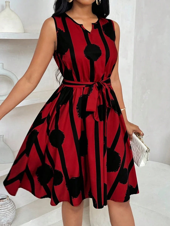 Vivienne | Elegancka Sukienka z Geometrycznym Wzorem i Wiązaniem w Talii