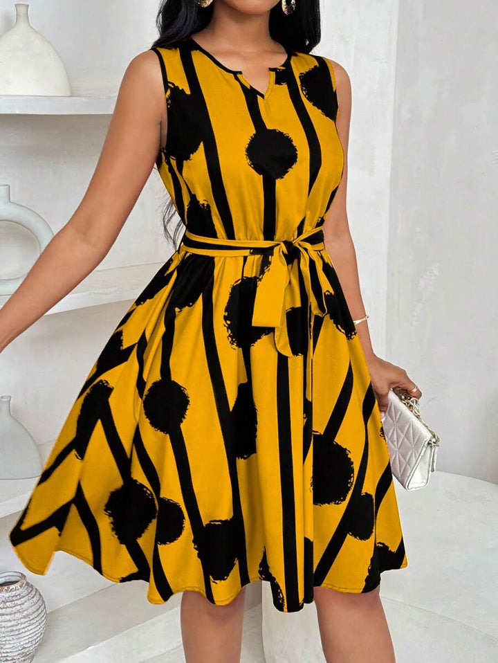 Vivienne | Elegancka Sukienka z Geometrycznym Wzorem i Wiązaniem w Talii