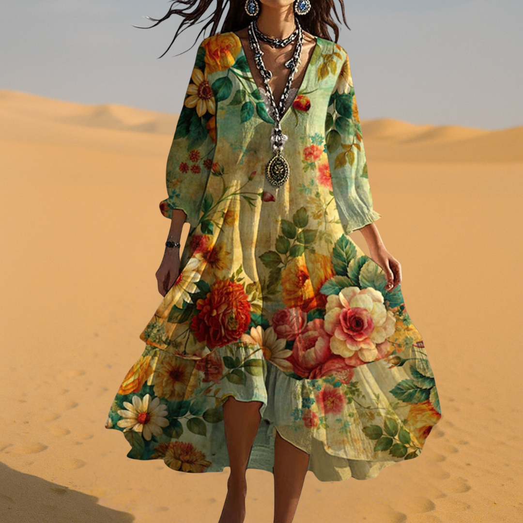 Cassidy | Vintage Boho Sukienka Letnia z Dekoltem w Serek