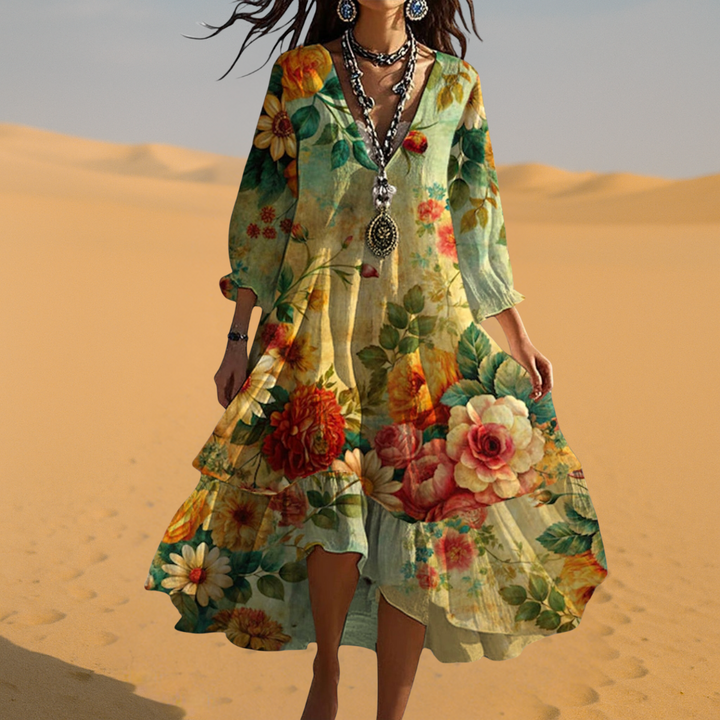 Cassidy | Vintage Boho Sukienka Letnia z Dekoltem w Serek