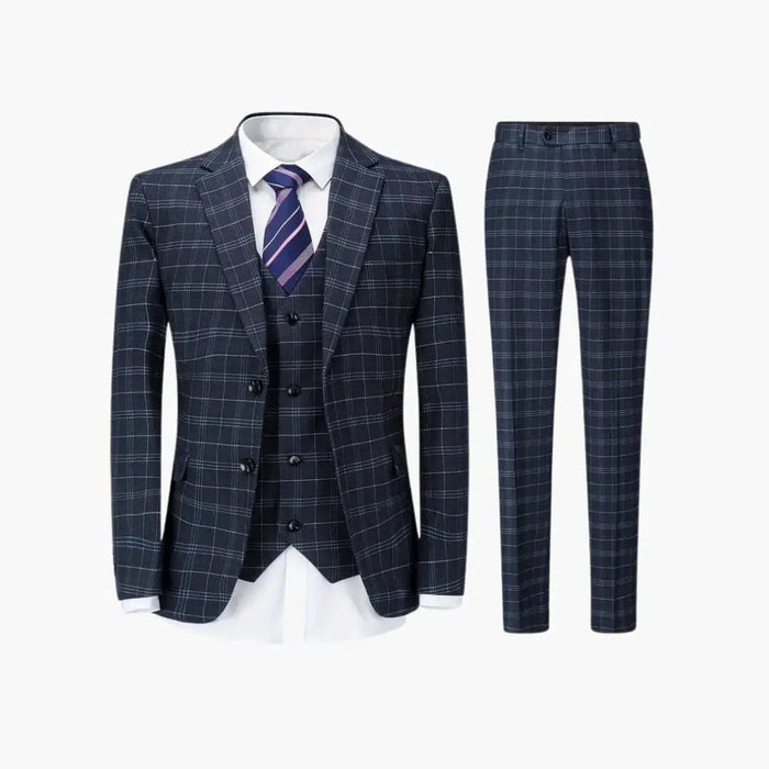 Męski Garnitur Trzyczęściowy w Kratę Slim Fit