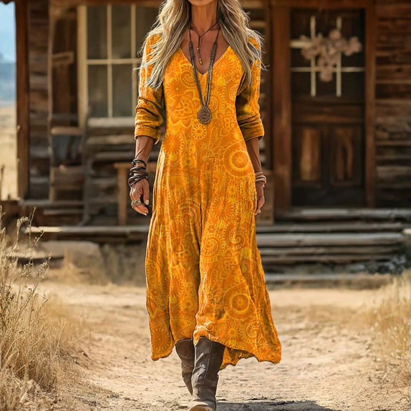 Dolores | Vintage Żółta Sukienka z Długim Rękawem