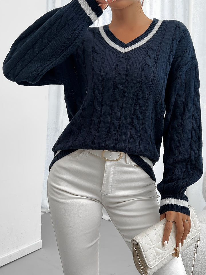 Camryn | Sweter z dekoltem w serek, pleciony w warkocze