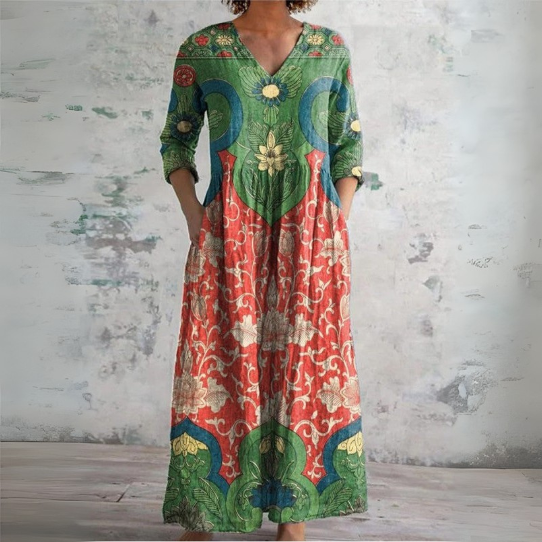 Judith | Vintage Kwiatowa Sukienka Maxi z Krótkim Rękawem