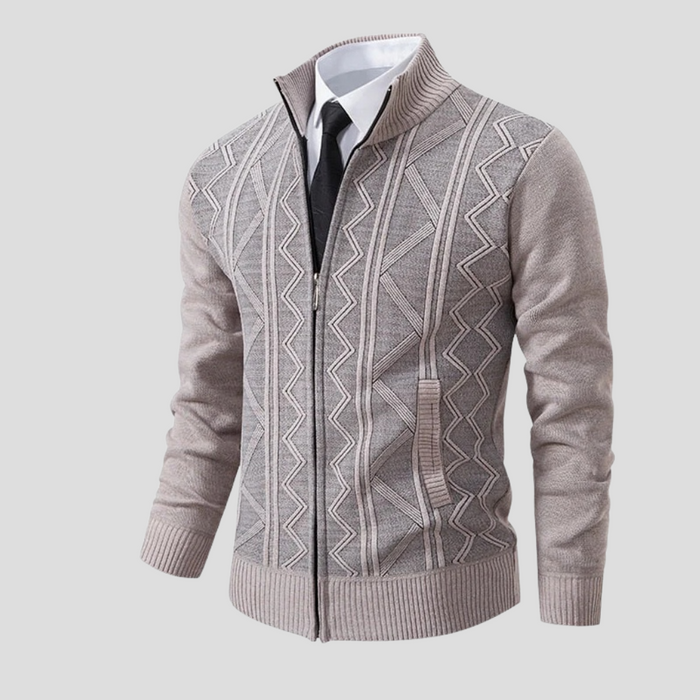 Męski Sweter na Zamek z Wzorem Diamentowym i Stójką