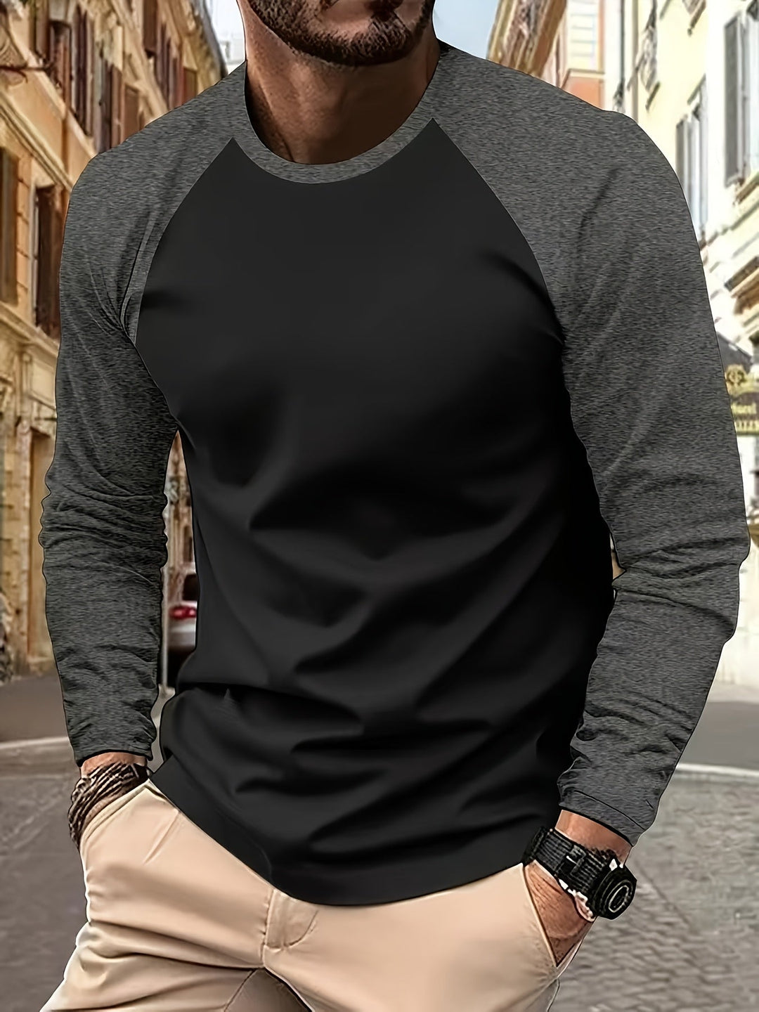Trevor | Dwukolorowy T-shirt z Długim Rękawem