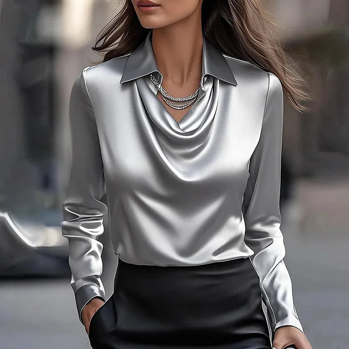 Merlina | Elegancka Bluzka z Drapowanym Dekoltem z Satyny