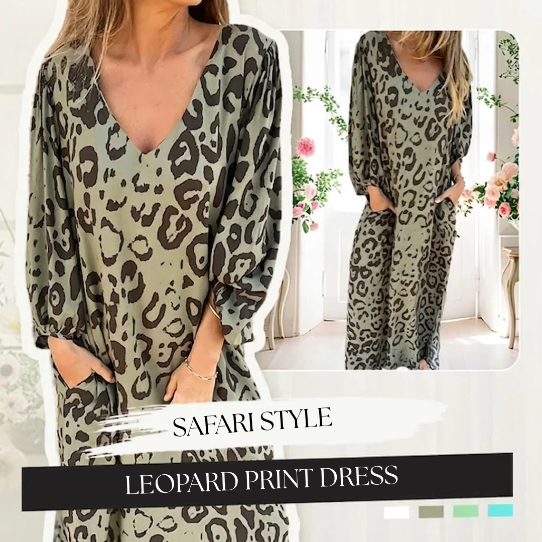 Sharon | Stylowa Długa Sukienka w Leoparda z Dekoltem w Serek