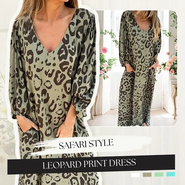 Sharon | Stylowa Długa Sukienka w Leoparda z Dekoltem w Serek
