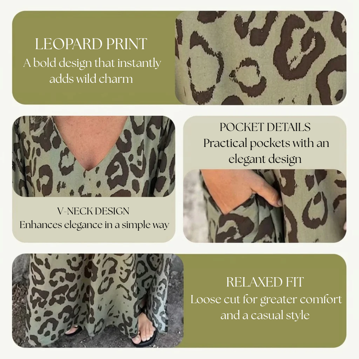 Sharon | Stylowa Długa Sukienka w Leoparda z Dekoltem w Serek