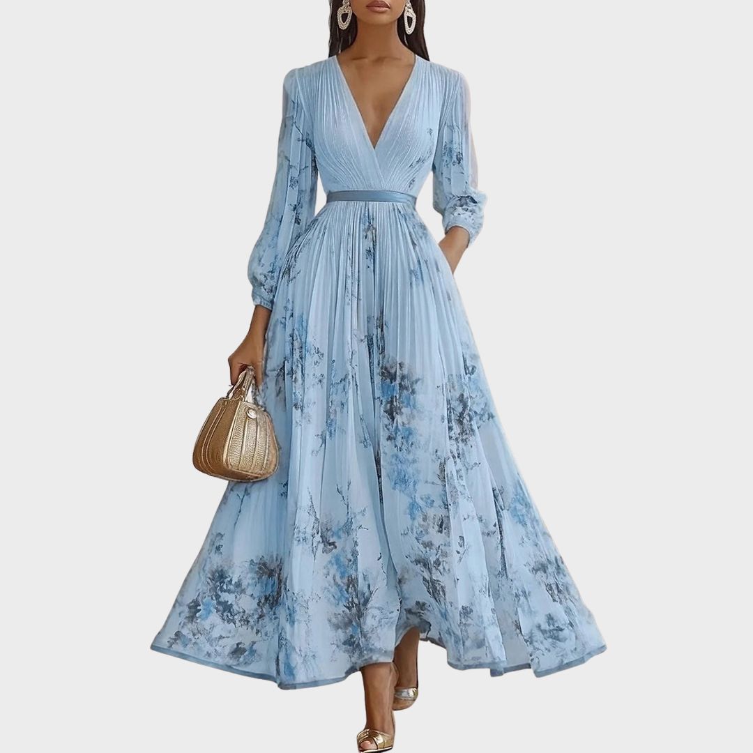 Alexia | Elegancka Maxi Sukienka z Plisowaniem i Dekoltem w Szpic