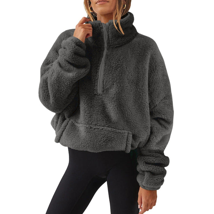 Damska Oversize'owa Bluza Teddy z Krótkim Zamkiem na Przodzie