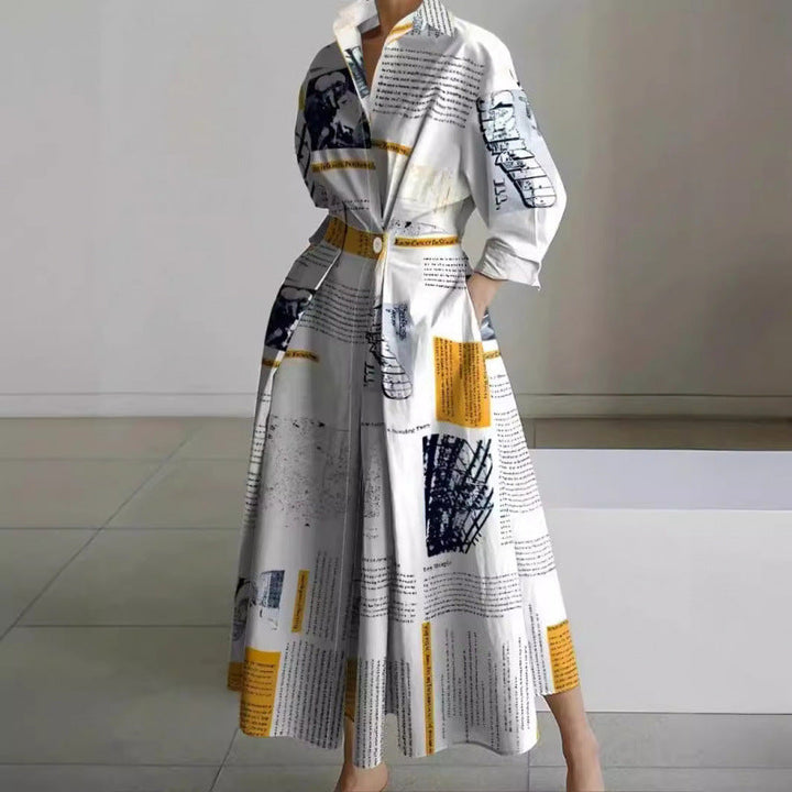 Alora | Elegancka Maxi Sukienka z Kołnierzykiem i Zapięciem Z Przodu