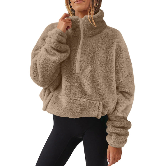 Damska Oversize'owa Bluza Teddy z Krótkim Zamkiem na Przodzie