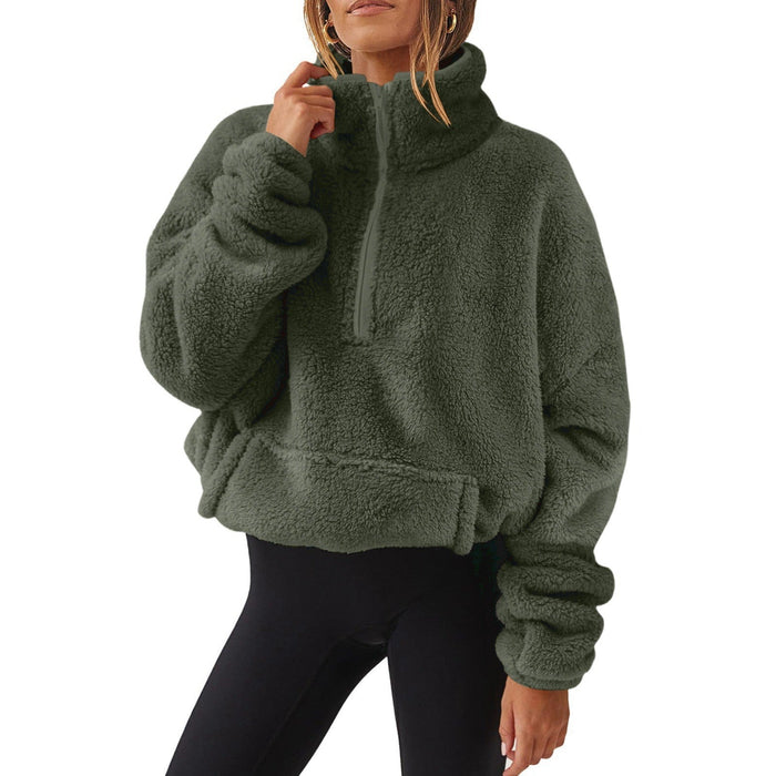Damska Oversize'owa Bluza Teddy z Krótkim Zamkiem na Przodzie