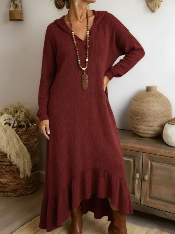 Damska Dzianinowa Sukienka z Kapturem i Asymetryczną Falbaną