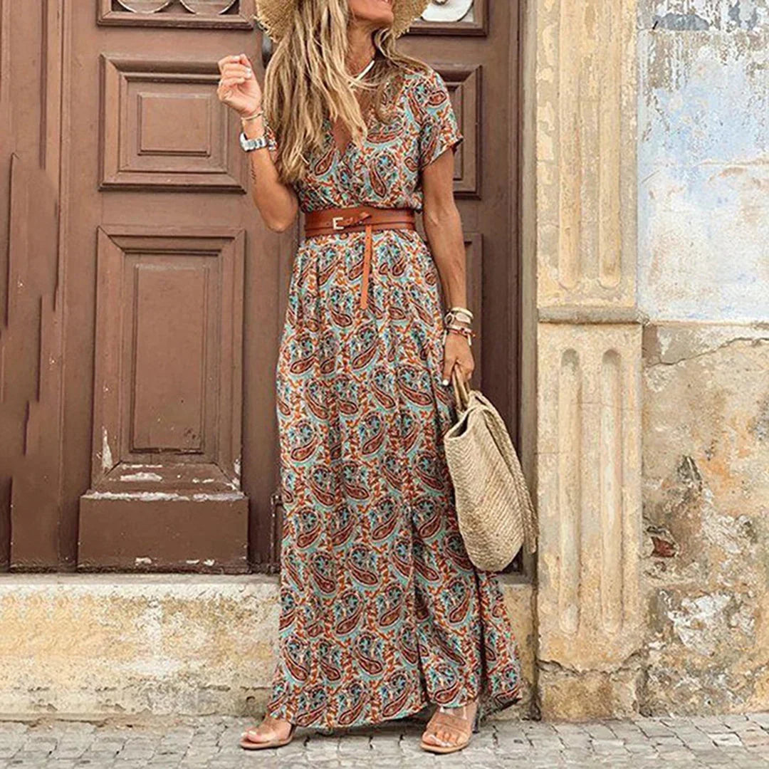 Agnes | Sukienka Maxi Boho z Dekoltem w Serek
