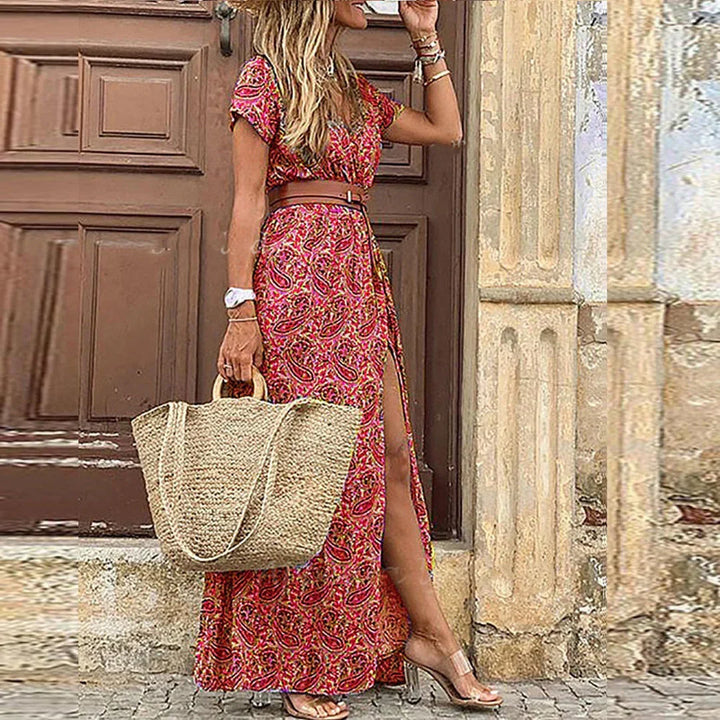 Agnes | Sukienka Maxi Boho z Dekoltem w Serek