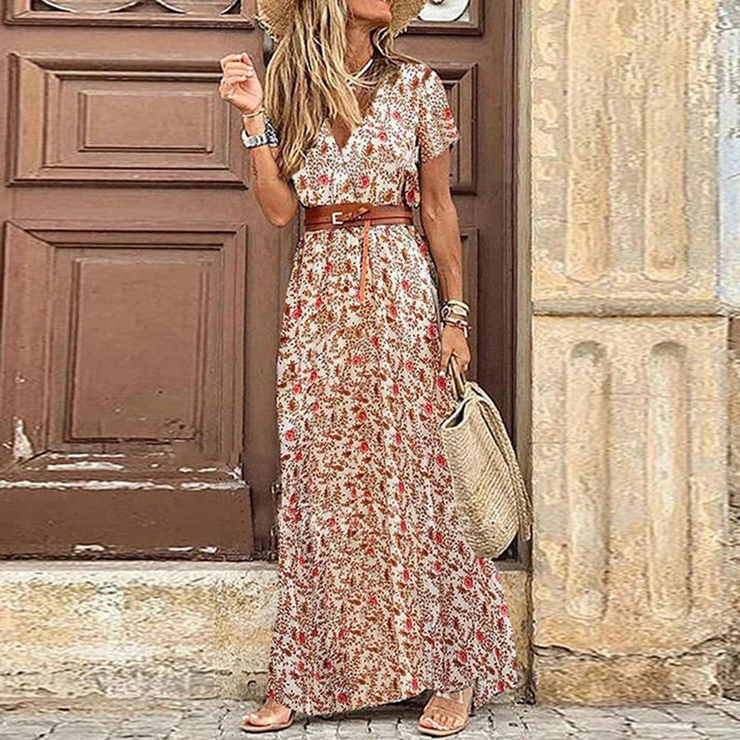 Agnes | Sukienka Maxi Boho z Dekoltem w Serek