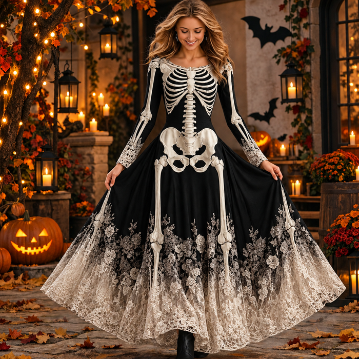 Seraphina | Maxi Sukienka z Wzorem Szkieletu na Halloween