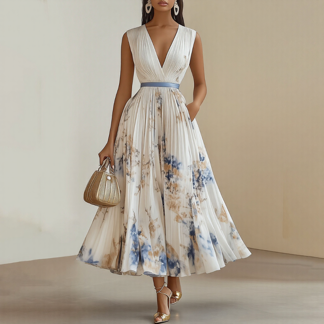 Alexia | Elegancka Maxi Sukienka z Plisowaniem i Dekoltem w Szpic