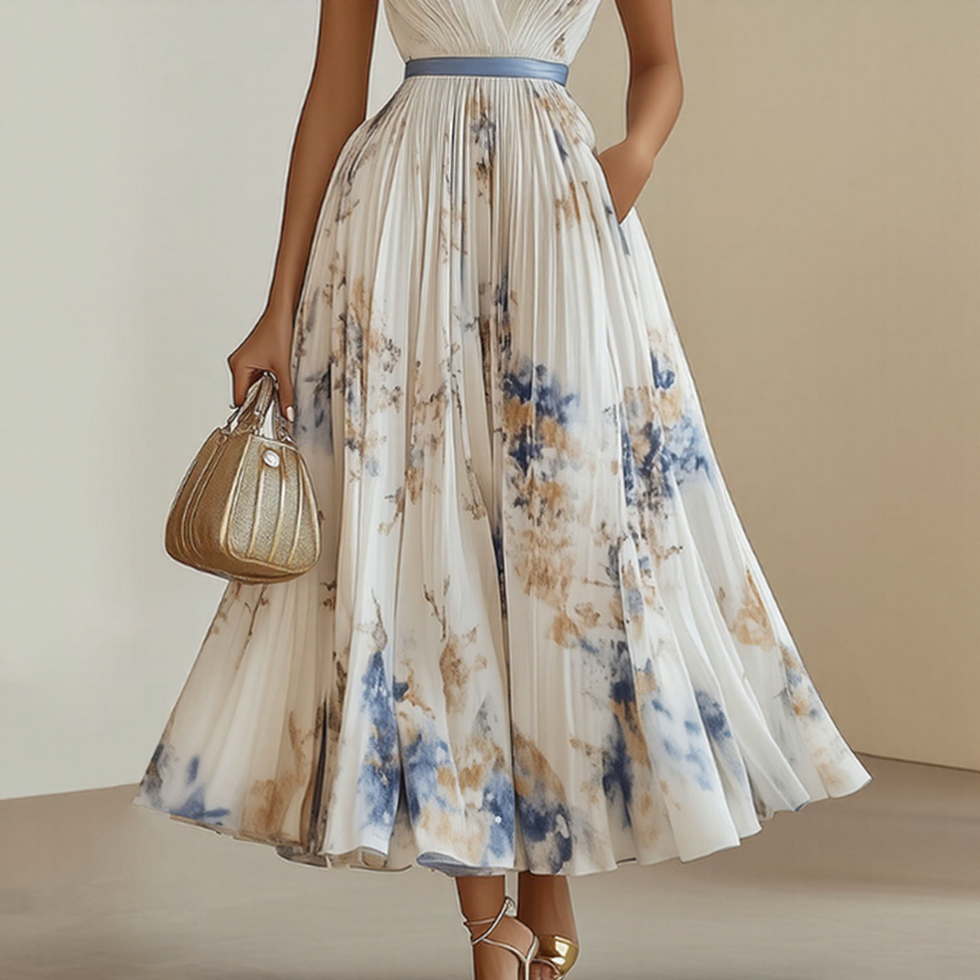 Alexia | Elegancka Maxi Sukienka z Plisowaniem i Dekoltem w Szpic