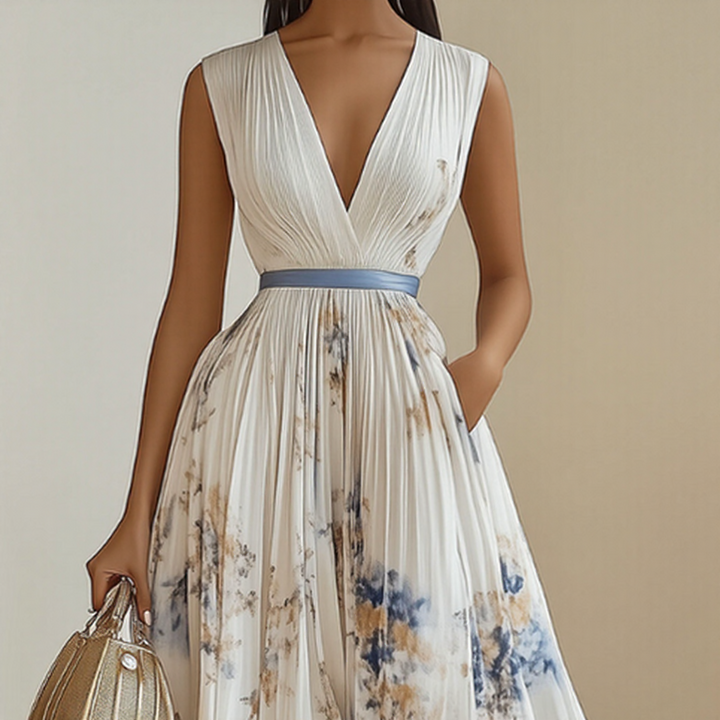Alexia | Elegancka Maxi Sukienka z Plisowaniem i Dekoltem w Szpic