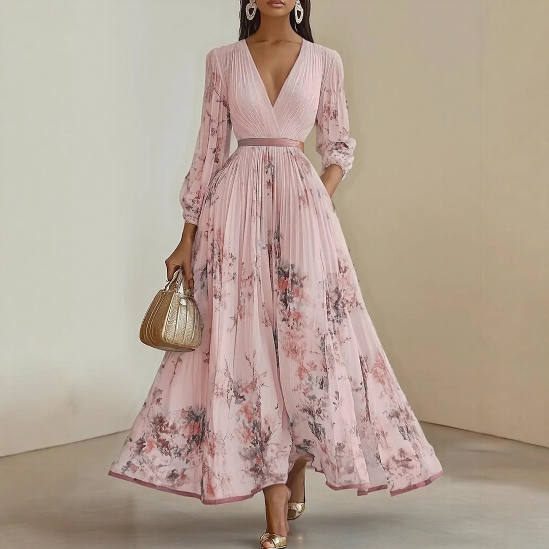 Alexia | Elegancka Maxi Sukienka z Plisowaniem i Dekoltem w Szpic