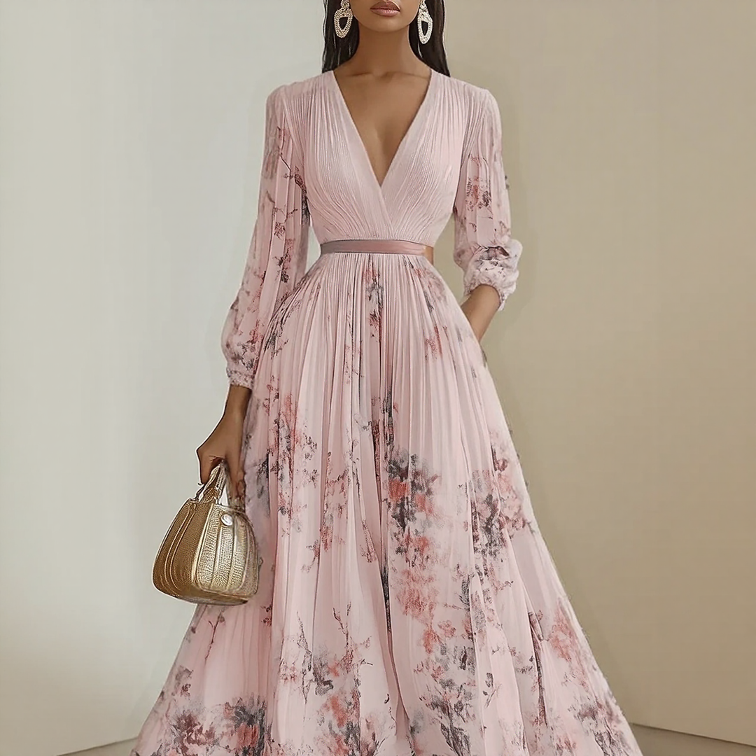 Alexia | Elegancka Maxi Sukienka z Plisowaniem i Dekoltem w Szpic