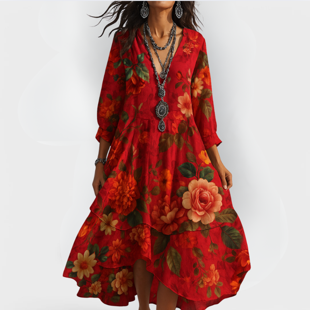 Cassidy | Vintage Boho Sukienka Letnia z Dekoltem w Serek