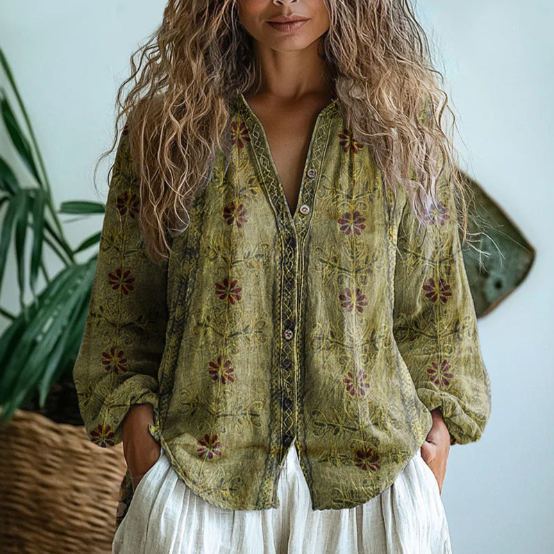 Brianna | Elegancka Koszula w Wzór Liści Vintage