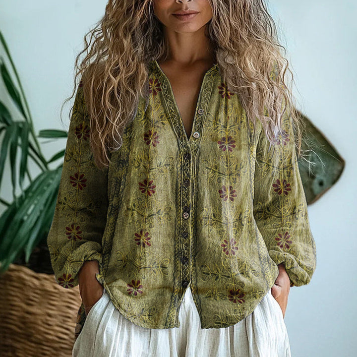 Brianna | Elegancka Koszula w Wzór Liści Vintage