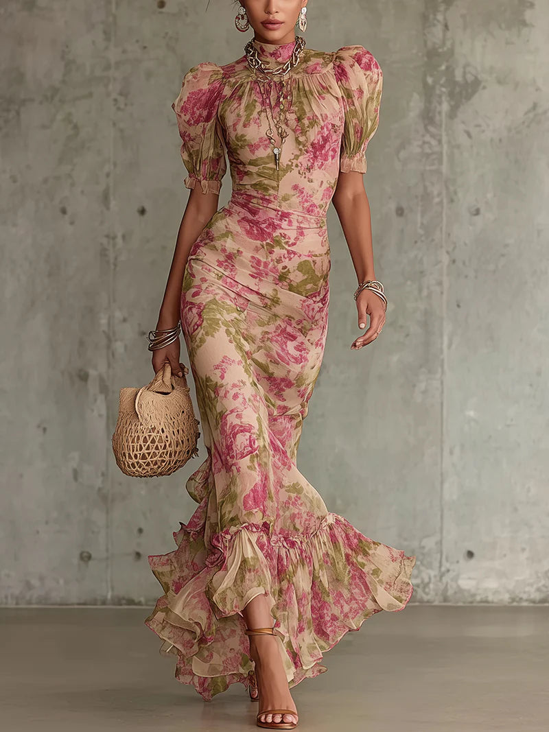 Juliet | Vintage Sukienka Maxi z Bufiastymi Rękawami