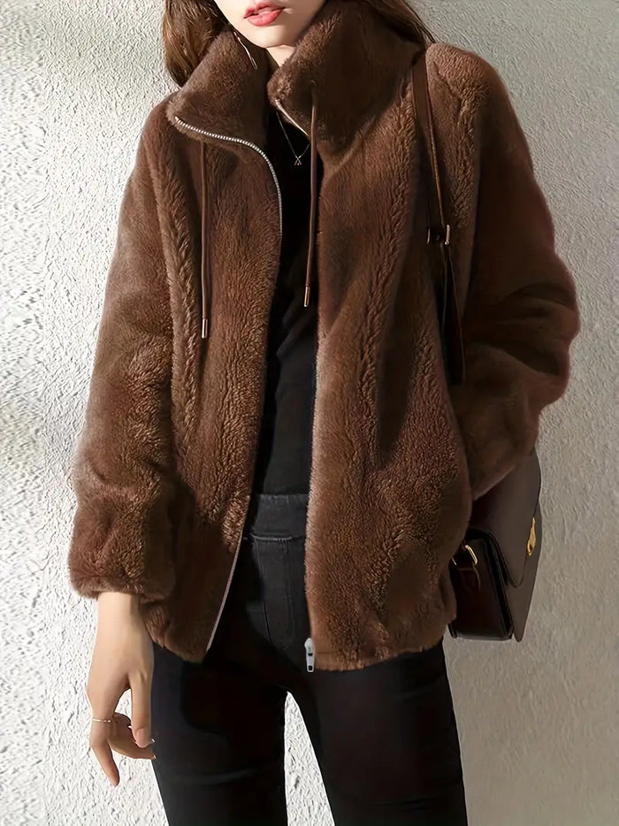 Damska Kurtka Teddy Oversize z Zamkiem i Wysokim Kołnierzem