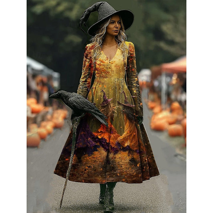 Maren | Sukienka Maxi A-Line z Wydrukiem Czarownicy na Halloween