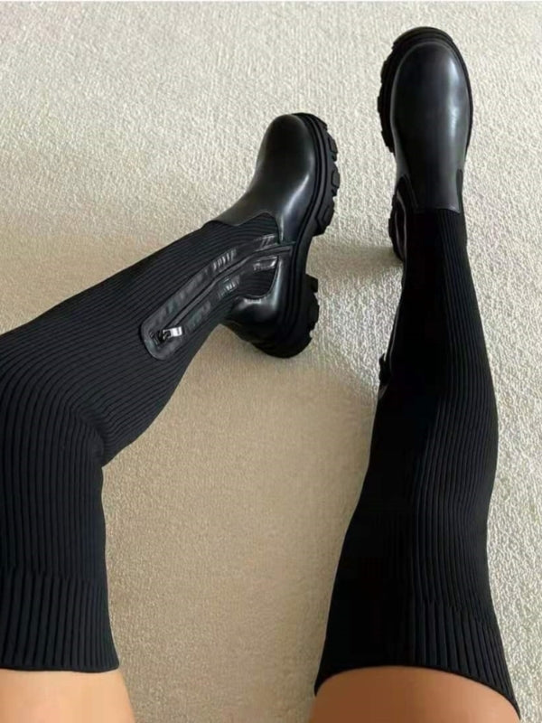 Damskie Kozaki za Kolano z Grubą Podeszwą i Dzianinową Cholewką