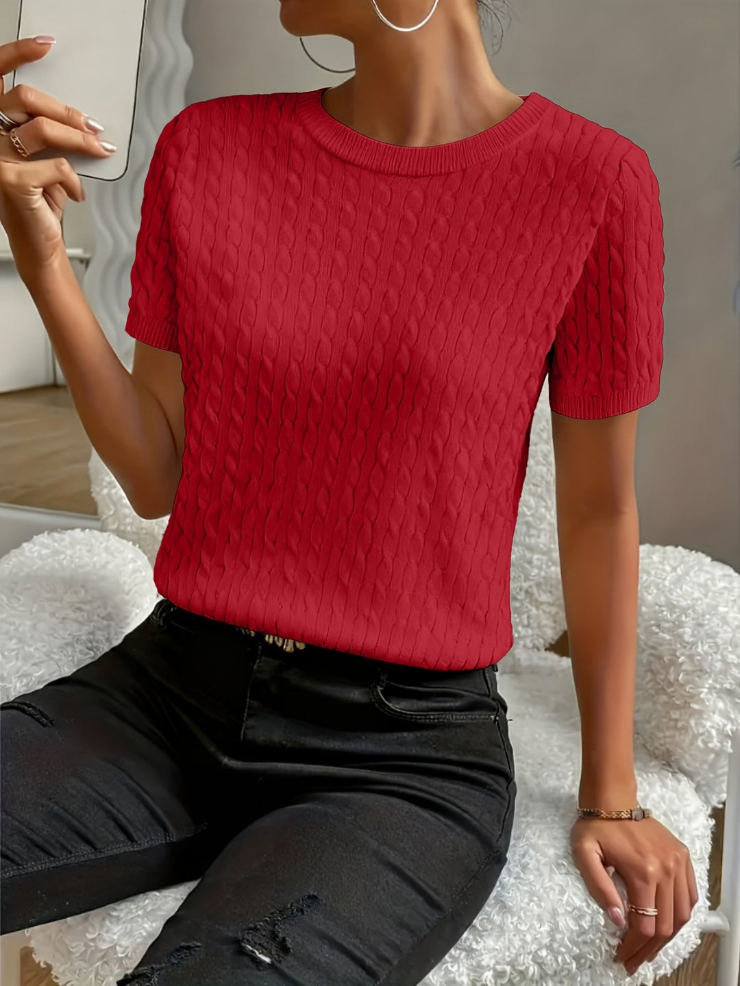 Tabitha | Teksturowany T-shirt z Okrągłym Dekoltem i Krótkim Rękawem