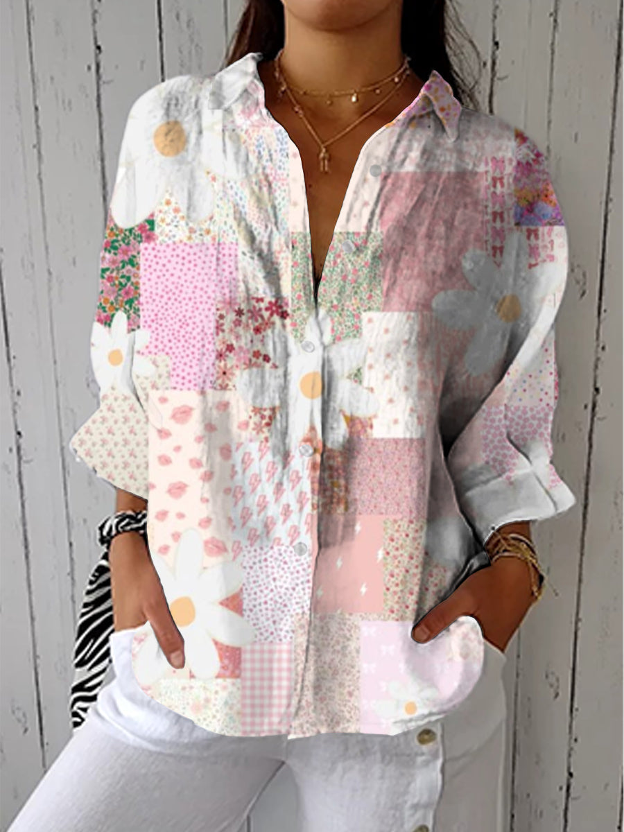 Cheryl | Stylowa Bluzka z Guzikami w Patchwork