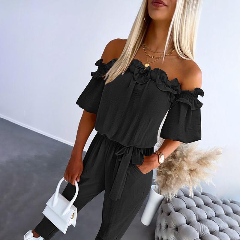 Carmella | Stylowy Kombinezon z Odkrytymi Ramionami i Wiązaniem w Talii