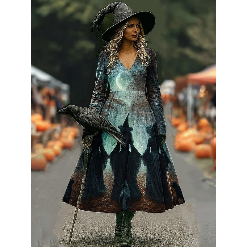 Maren | Sukienka Maxi A-Line z Wydrukiem Czarownicy na Halloween