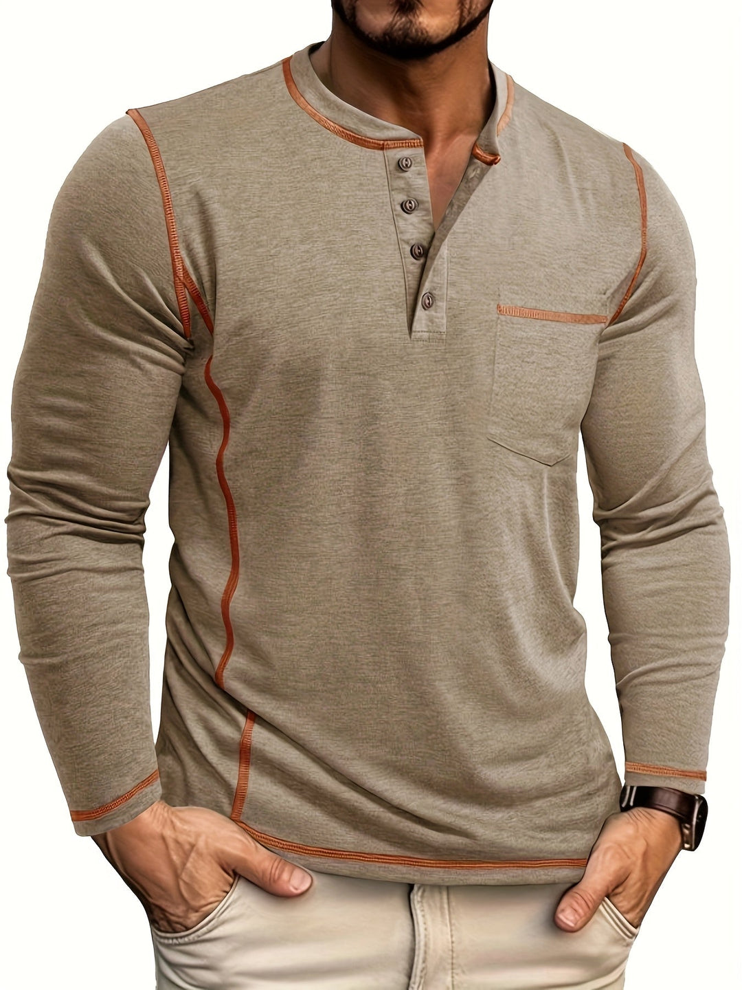 Reuben | Longsleeve Henley z Kontrastowym Szwem