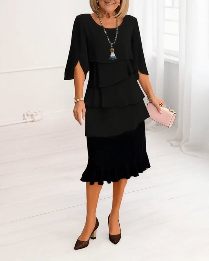 Patricia | Elegancka Sukienka z Rękawem 3/4 z Falbankami