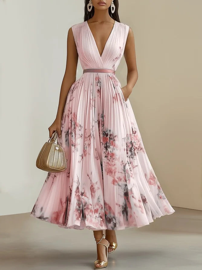 Betty | Elegancka Długa Sukienka Bez Rękawów z Dekoltem w Serek