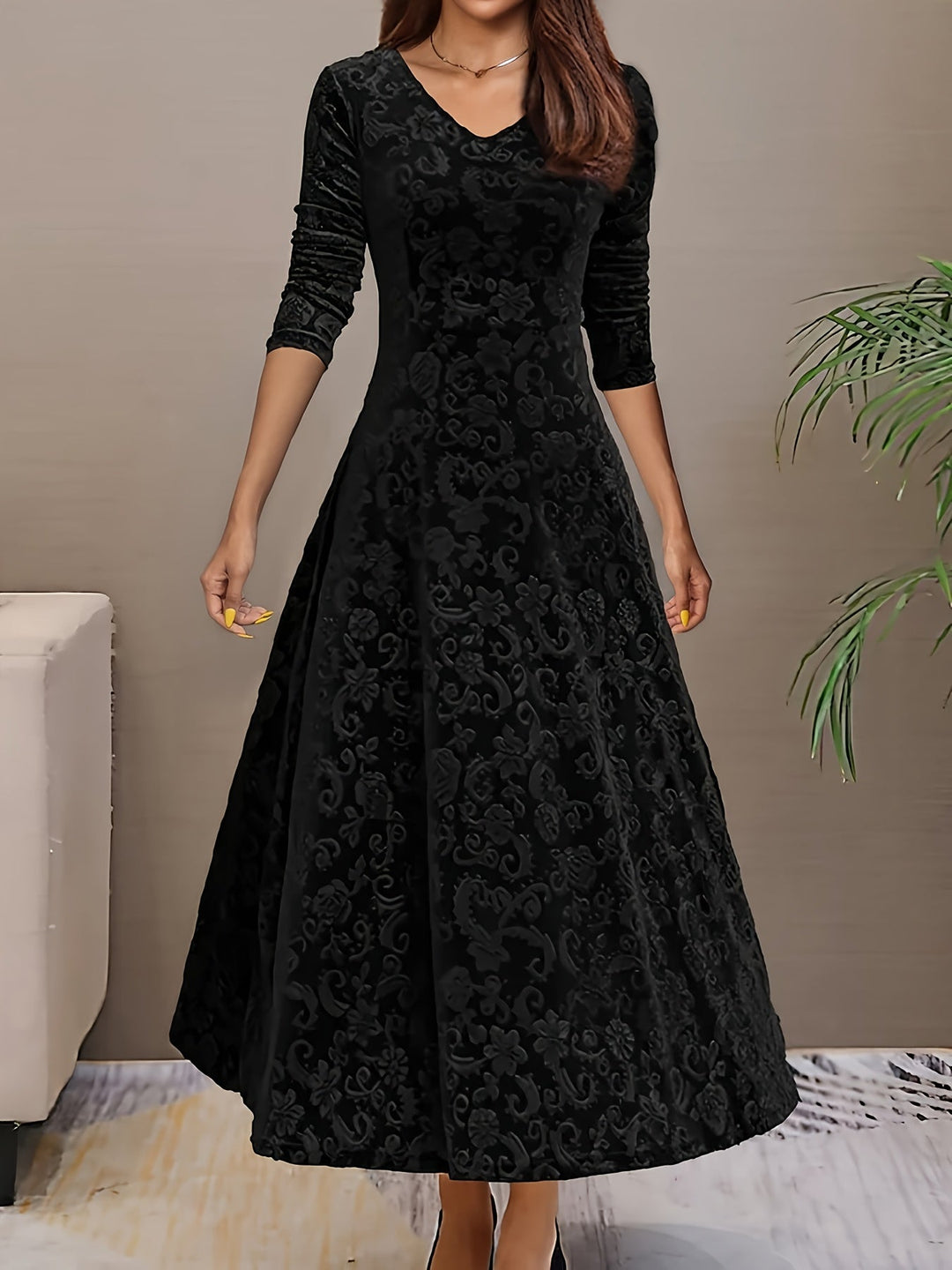Adeline | Elegancka Midi Sukienka z Długim Rękawem