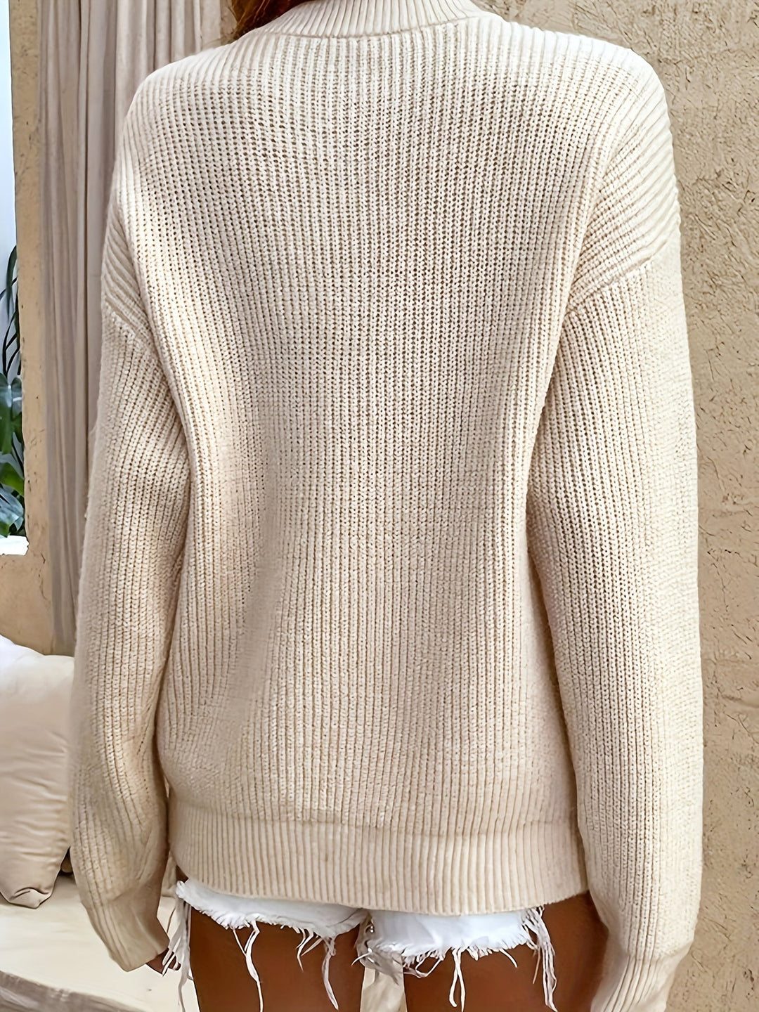 Cecilia | Sweter Henley z Prążkowanej Dzianiny