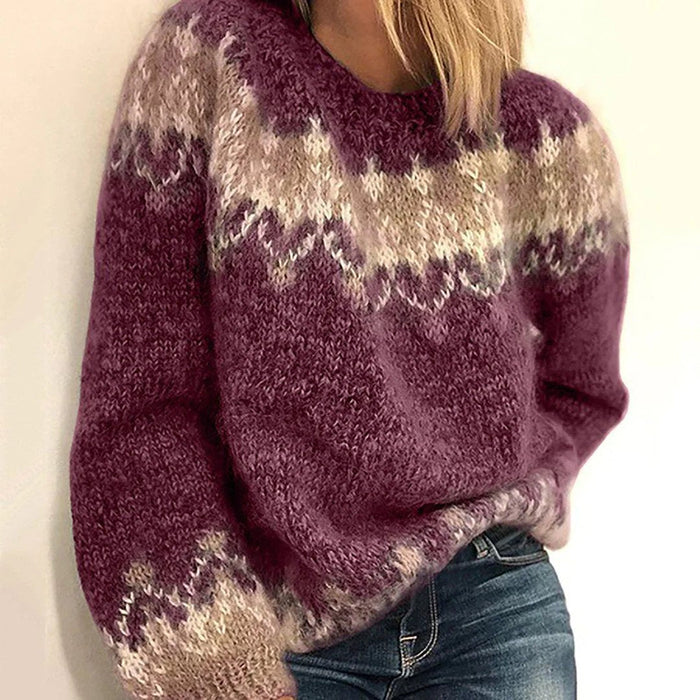 Damski Gruby Sweter ze Wzorem Fair Isle z Okrągłym Dekoltem